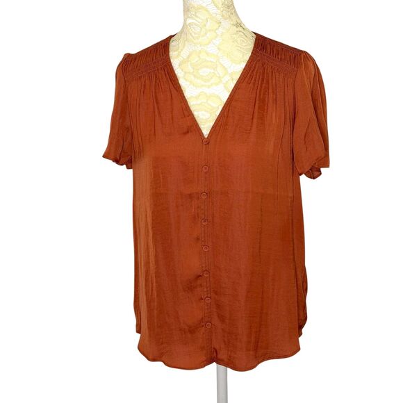 Maison d Amelie Tops - Maison d Amelie Smocked Blouse Shirt Top V Neck Orange XS NWT